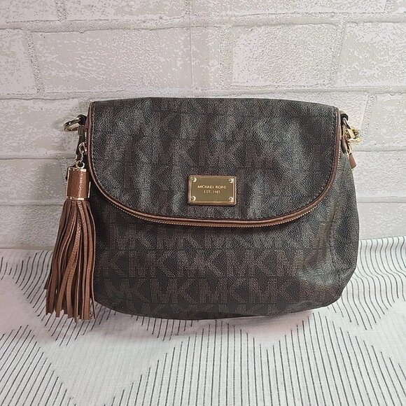 Michael Kors Signature Fold over Brown Leather Shoulder Bag Handbag w/ Tassell - Picture 11 of 13